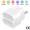A white electrical adapter with multiple icons and text describing its features. Produktbild-Vorschau