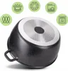 The bottom of a black speckled pot is shown, with several green circular icons above it indicating its features. Produktbild-Vorschau