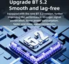 A close-up of a circuit board with the number 5.2 prominently displayed, surrounded by glowing blue lights. Text above describes Bluetooth 5.2 features. Produktbild-Vorschau