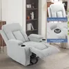 A light gray recliner chair is shown in a living room setting with a bookshelf in the background. Inset images highlight the chair's features. Voir les images du produit