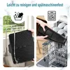 Collage showing a black silicone dish drying mat being washed in a sink and then placed into a dishwasher. Produktbild-Vorschau