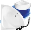 A white corner bathtub and its drain assembly are shown against a blue, brush-stroke-like background. Produktbild-Vorschau