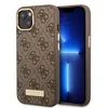A brown iPhone 13 Pro case with the Guess 4G logo pattern and a gold Guess logo plate is shown next to an iPhone 13 Pro. Podgląd zdjęcia produktu