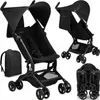 A collage of images showing a black baby stroller from different angles, including a folded view and a backpack. Produktbild-Vorschau