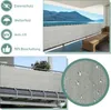 A collage of images showing a balcony privacy screen, its features, and a close-up of its texture with water droplets. Produktbild-Vorschau