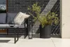 An outdoor patio scene with a sofa, coffee table, plant, and lanterns. Podgląd zdjęcia produktu