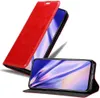 A red flip case for a smartphone is shown, with the phone inside and the cover open. Náhled obrázku produktu