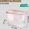 A transparent food storage container with a pink lid, showing its dimensions and volume. Anteprima dell’immagine prodotto