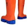 A close-up view of the back of two orange work boots with blue soles, set against a white background. Produktbild-Vorschau