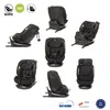A collage of a black car seat shown from multiple angles, with icons and text indicating features and certifications. Produktbild-Vorschau