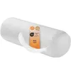 A white cylindrical pillow with a feather resting on it and a label attached. Náhľad obrázku produktu