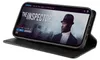 A black leather flip phone case for an Apple iPhone 13 Pro is shown open, displaying the phone's screen which shows a movie poster for 'The Inspector'. Produktbild-Vorschau