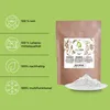 A bag of baking soda with a pile of powder on a plate, next to a list of product features. Produktbild-Vorschau