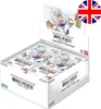 A display box of One Piece card game booster packs, with a Union Jack flag overlay. Produktbild-Vorschau