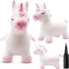 Collage of a white and pink inflatable unicorn toy from different angles, with a black pump. Náhľad obrázku produktu