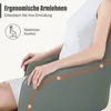 A person sitting in a green office chair, with text overlays highlighting ergonomic features. Produktbild-Vorschau
