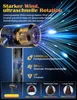 A close-up of a hairdryer with blue light effects emanating from it, accompanied by text and icons detailing its features and performance. Produktbild-Vorschau