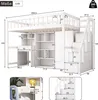 A diagram showing the dimensions of a white loft bed with integrated desk and storage. Podgląd zdjęcia produktu