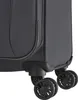 A close-up view of the wheels and bottom corner of a dark gray suitcase. Produktbild-Vorschau