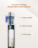 A cutaway view of a cordless vacuum cleaner's charging and dust collection station, with text highlighting its features. Produktbild-Vorschau