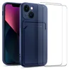 A blue iPhone case with a card holder and a screen protector are displayed against a white background. Produktbild-Vorschau