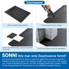 A collage of four images showing the steps of installing a shower tray, with text explaining each step and a larger section of text at the bottom describing the product's features. Produktbild-Vorschau