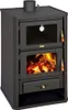 A dark gray wood-burning stove with a glass door showing a fire, and a glass oven door above it with a thermometer. Anteprima dell’immagine prodotto