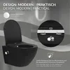 A black wall-hung toilet with its lid open, displayed with marketing text and close-up details of its features. Náhľad obrázku produktu