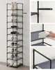 A multi-panel image showing a tall, black, 10-tier shoe rack filled with various shoes and boots. The right side of the collage shows close-up details of the shoe rack's construction and a hand placing a folded towel on one of the shelves. Náhled obrázku produktu