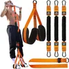 A man is using a pull-up assist band system attached to a pull-up bar. The product is shown in use and also as a set of components. Náhled obrázku produktu