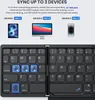 A marketing image showing a foldable keyboard and instructions on how to sync it with up to three devices. Produktbild-Vorschau