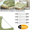 A collage showing a messy bed before and a neat bed after using bed sheet grippers, along with a product shot of the grippers. Produktbild-Vorschau