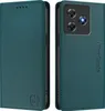 A split image showing the front and back of a dark green leather phone case. Produktbild-Vorschau