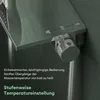 Close-up of a modern bathroom faucet control with text describing its features. Produktbild-Vorschau