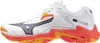 A side view of a white volleyball shoe with orange and yellow accents. Produktbild-Vorschau