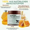 A jar of whipped tallow cream surrounded by ingredients like honeycomb and beeswax. Produktbild-Vorschau