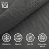 A close-up of dark gray textured fabric, likely a blanket or textile, with four circular icons and text below them indicating product features. Anteprima dell’immagine prodotto