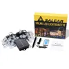 A product shot of a solar LED light string kit, including the string lights, solar panel, remote control, and packaging. Produktbild-Vorschau