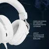 Close-up of white gaming headphones with descriptive text overlays. Anteprima dell’immagine prodotto