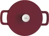 A top-down view of a burgundy cast iron pot with a silver knob on the lid. Produktbild-Vorschau