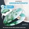 A toilet seat and lid with a floral pattern, presented with marketing text and warranty information. Produktbild-Vorschau