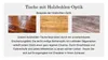 Marketing image showcasing tables with a wood plank look, with descriptive text and three example images of wood textures. Produktbild-Vorschau