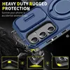 A blue phone case is shown with graphics illustrating its protective features against drops. Náhled obrázku produktu