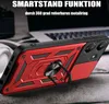 A red and black phone case with a ring stand is shown on a wooden surface, with headphones and a laptop in the background. Produktbild-Vorschau