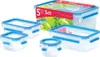A set of five plastic food storage containers with blue lids, displayed on a white background. The packaging box is also visible in the background. Produktbild-Vorschau