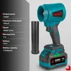A teal and black cordless leaf blower with a detachable battery pack and a separate nozzle attachment, presented against a light gray background with product specifications listed on the left. Voir les images du produit
