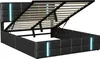 A black upholstered bed frame with the hydraulic lift mechanism open, revealing the storage space underneath. Náhľad obrázku produktu