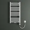 A white electric towel radiator mounted on a dark gray wall, with its coiled power cord connected to a wall socket. Produktbild-Vorschau