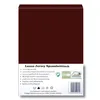 The image shows the packaging of a fitted sheet, with product details and certifications printed on it. Produktbild-Vorschau