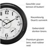 A close-up view of a large wall clock with multiple features, accompanied by descriptive text. Produktbild-Vorschau